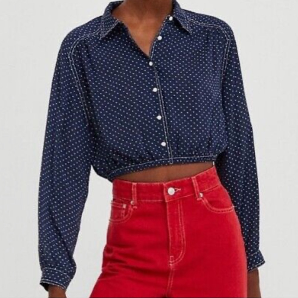 Zara Woman Premium Denim Collection Blue Polka Dot Cropped Blouse, Size M